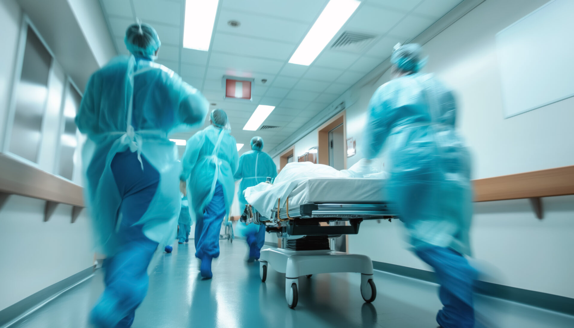 Doctors and medical staff transporting patient on stretchers in hospital. Photo from behind with motion blur to emphasise action and urgency. Generative AI Behandlungsfehler in der Unfallchirurgie und Traumatologie